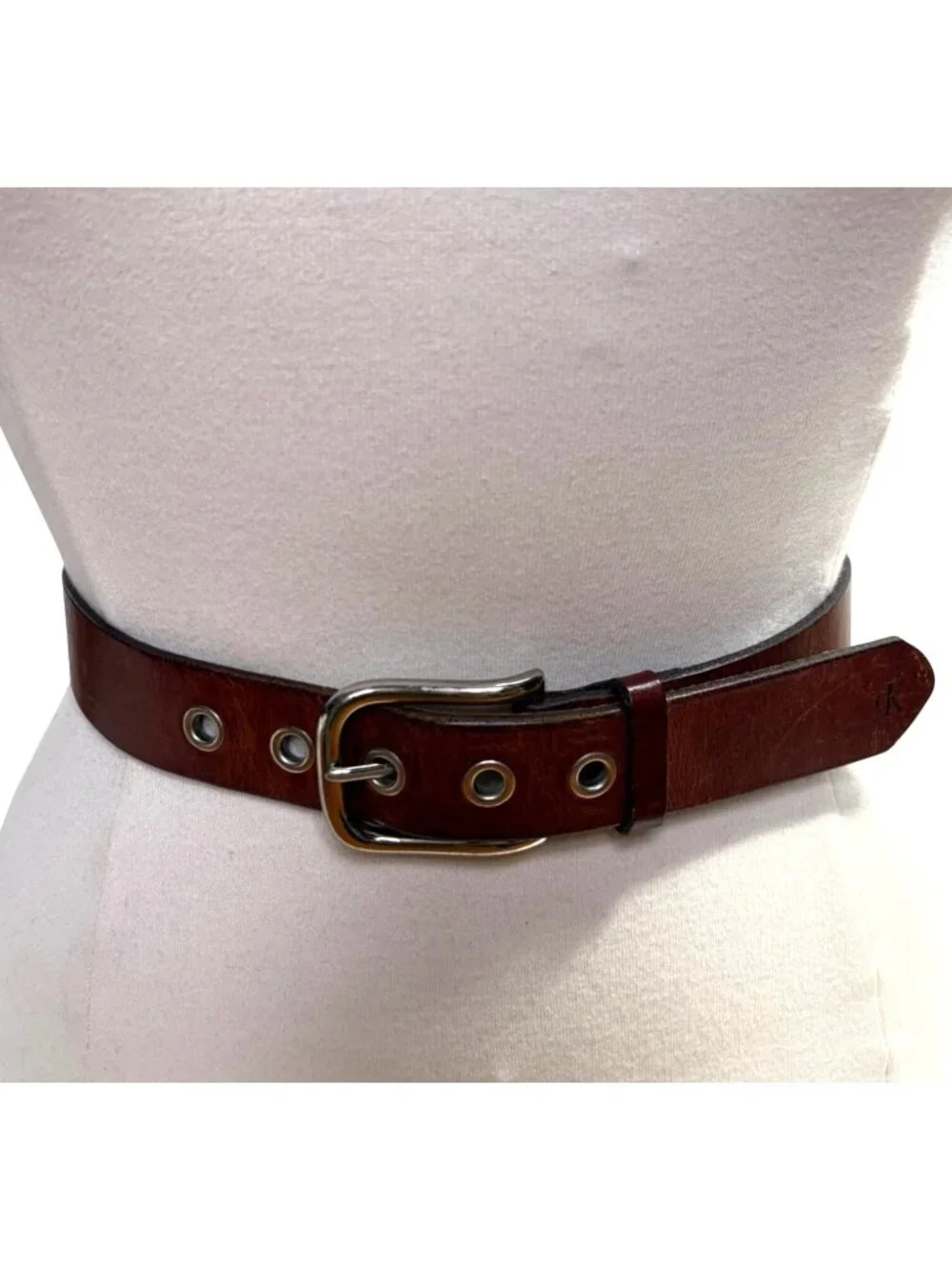 Vintage Calvin Klein Belt Women Large Brown Leather Brass Buckle USA 90s Classic